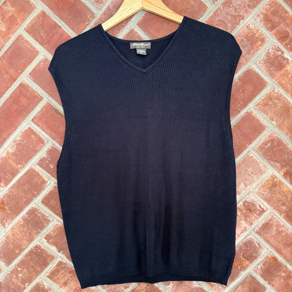 Eddie Bauer Sweater Vest Mens XL Navy Blue Mercerized Cotton Ribbed V-Neck